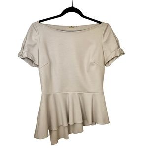 Elie Tahari Women's Fitted S/S Blouse with Boat Neck & Asymmetrical Ruffled Hem